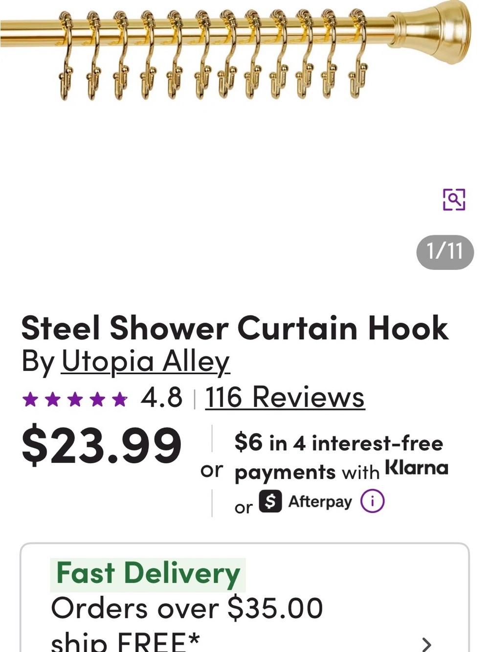 Gold Steel Shower Curtain Double-sided Hooks - Set of 12 Metal Rings